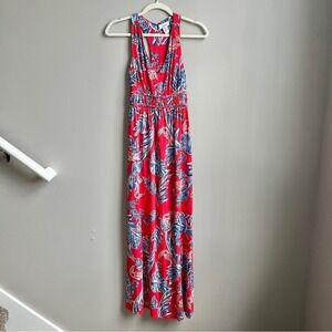 Japna Dress Women's Small Red Tropical Maxi Beach Vacation Flowy Summer Rayon